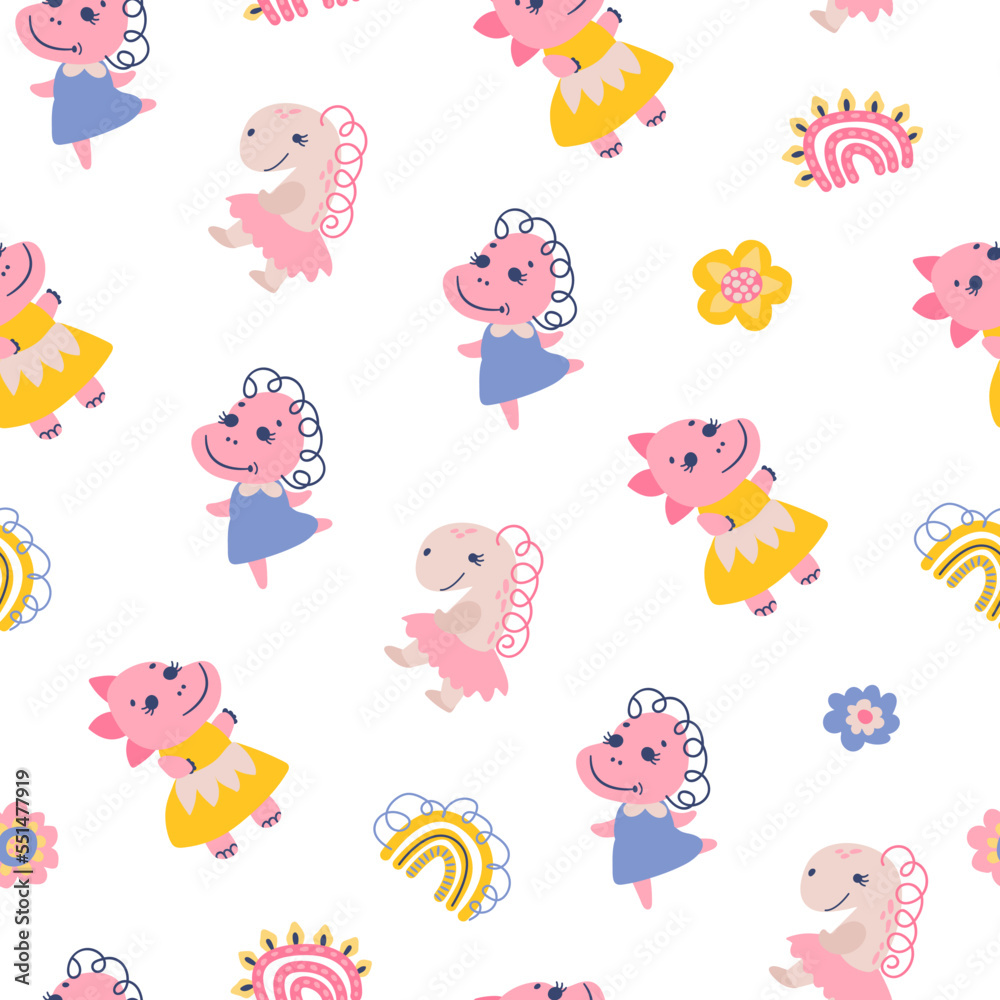 Seamless pattern with dino girls. Design for fabric, textile, wallpaper, packaging Seamless pattern with dino girls. Design for fabric, textile, wallpaper, packaging