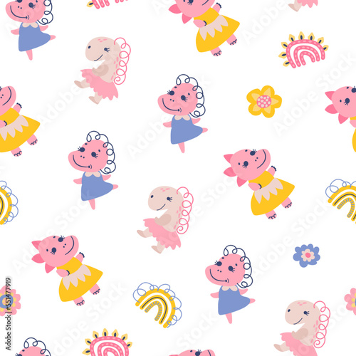 Seamless pattern with dino girls. Design for fabric, textile, wallpaper, packaging