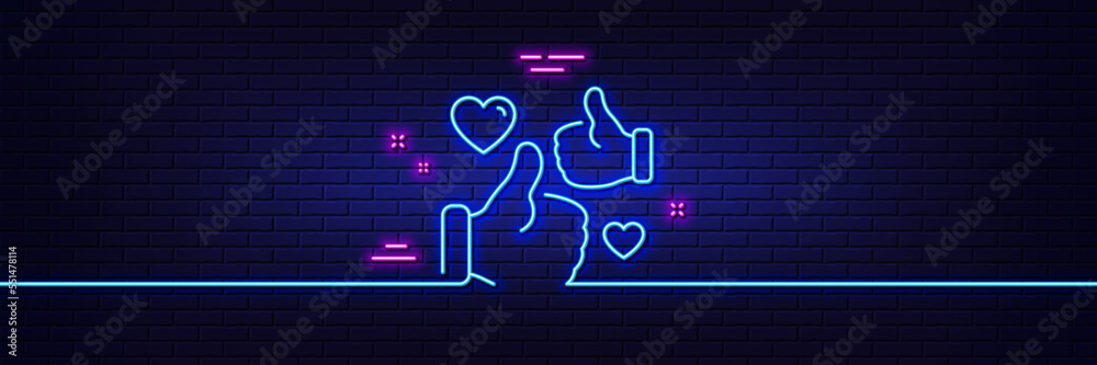 Neon light glow effect. Like line icon. Thumbs up with heart sign. Positive feedback, social media symbol. 3d line neon glow icon. Brick wall banner. Like outline. Vector Neon light glow effect. Like line icon. Thumbs up with heart sign. Positive feedback, social media symbol. 3d line neon glow icon. Brick wall banner. Like outline. Vector