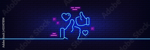 Neon light glow effect. Like line icon. Thumbs up with heart sign. Positive feedback, social media symbol. 3d line neon glow icon. Brick wall banner. Like outline. Vector