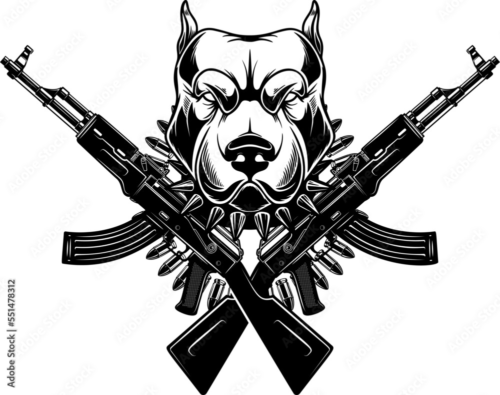 Angry dog head with crossed assault rifles. Design element for poster ...