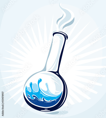 Chemical glass flask with reaction vector illustration isolated on white, chemistry science object.