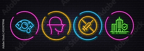 Face scanning, Ð¡onjunctivitis eye and No vaccine minimal line icons. Neon laser 3d lights. Apartment insurance icons. For web, application, printing. Vector