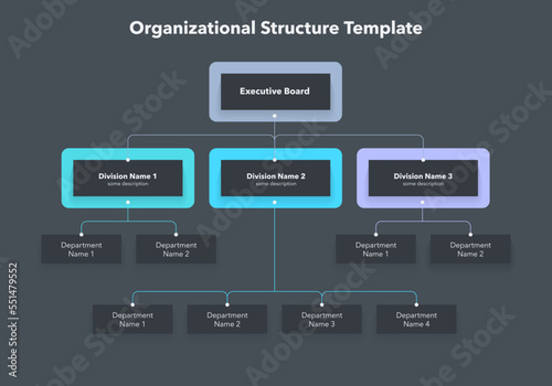 Modern infographic for company organizational structure -dark version. Simple flat template for data visualization.
