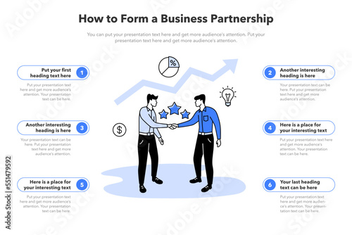 Simple infographic template for how to form a business partnership. Template with two business people shaking hands as a main symbol.