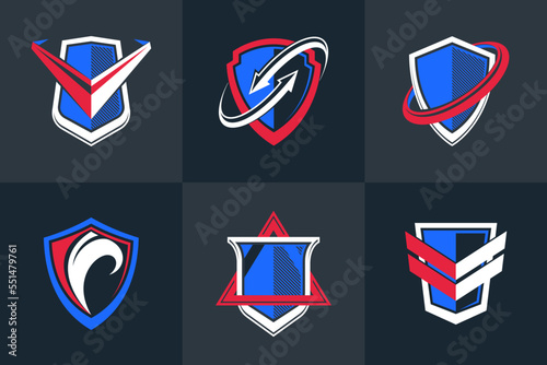 Classic shields shapes set with different additional elements vector symbols set, defense and safety icons, ammo emblems collection.