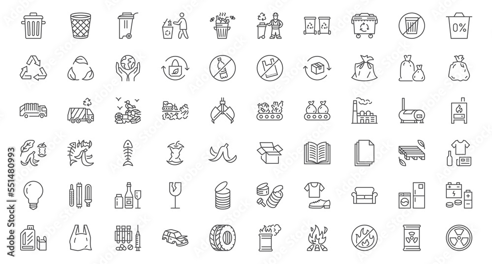 Waste sorting line icons set. Plastic bottle, biodegradable trash, junk truck, landfill, paper, glass, battery, conveyor vector illustration. Outline signs about garbage recycle. Editable Stroke
