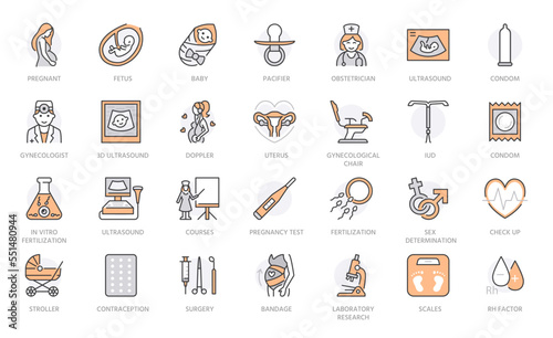 Gynecology line icons set. Ultrasound, fertility, fetus, newborn baby, gynecologist, doppler, condom, stroller vector illustration. Outline signs about pregnancy. Grey orange color Editable Stroke