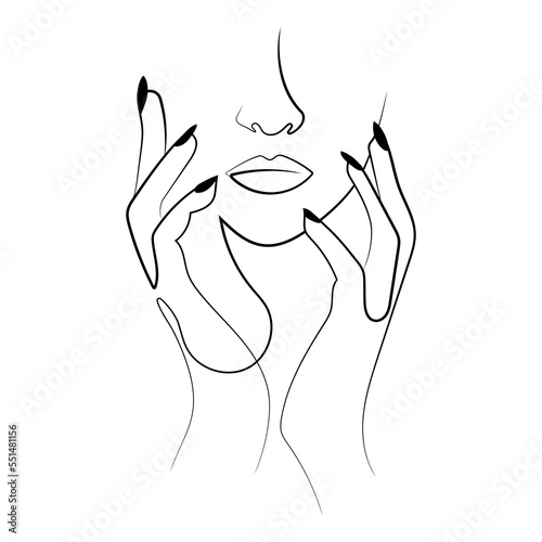 One line drawing abstract woman face with hands vector illustration.Stylized female face Modern single line art.Woman beauty fashion concept,minimalistic style.Design for logo,poster,emblem template