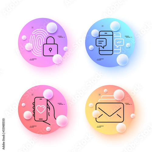 Smartphone sms, Mail and Dating app minimal line icons. 3d spheres or balls buttons. Lock icons. For web, application, printing. Mobile messages, New messages, Smartphone love. Biometric lock. Vector