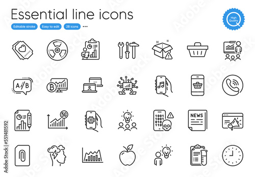 Cyber attack, Ab testing and App settings line icons. Collection of Medical analyzes, Group people, Teamwork icons. Outsource work, Report document, 5g statistics web elements. Vector