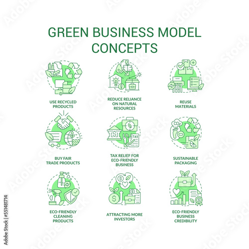 Ecological business model green concept icons set. Eco-friendly manufacturing idea thin line color illustrations. Isolated symbols. Editable stroke. Roboto-Medium, Myriad Pro-Bold fonts used