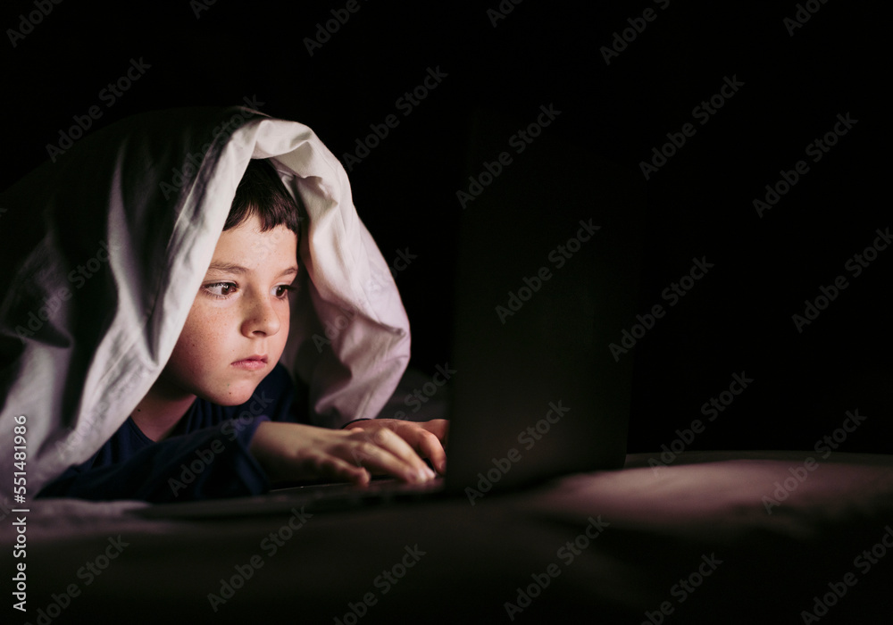 Boy using laptop under blanket on bed at home
