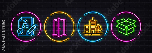 Skyscraper buildings, Open door and Algorithm minimal line icons. Neon laser 3d lights. Open box icons. For web, application, printing. Town architecture, Entrance, Project. Delivery package. Vector