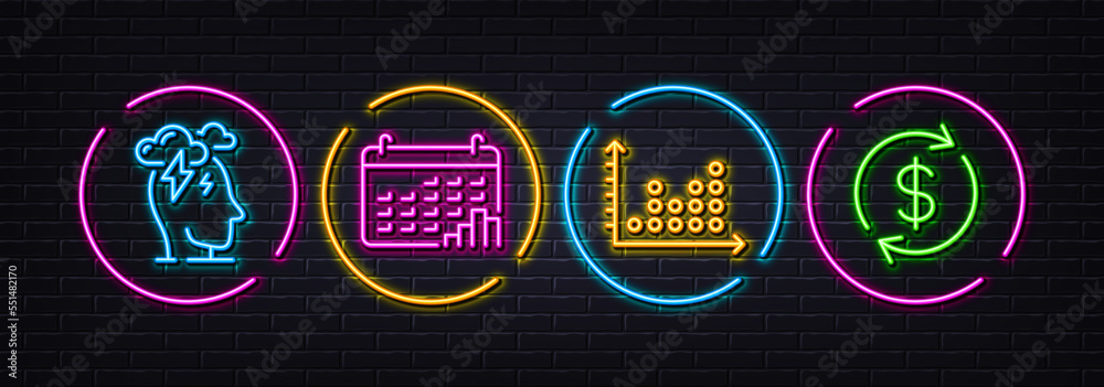 Calendar graph, Stress and Dot plot minimal line icons. Neon laser 3d lights. Usd exchange icons. For web, application, printing. Annual report, Mind anxiety, Presentation graph. Currency rate. Vector