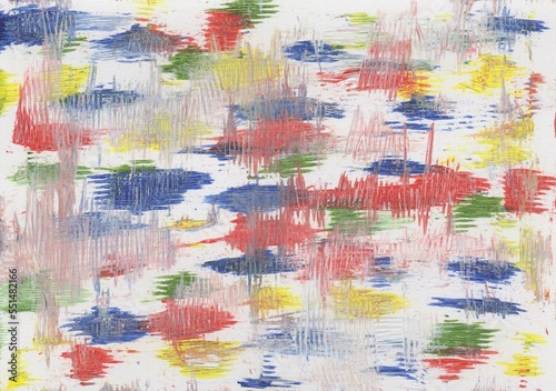 Painted and scratched acrylic painting from the colors blue, yellow, green and white