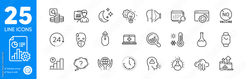 Outline icons set. Weather thermometer, 24 hours and Seo devices icons. Cough, Cloud sync, Report web elements. Face id, Chemistry experiment, Moon signs. Seo gear, Question mark, Inspect. Vector
