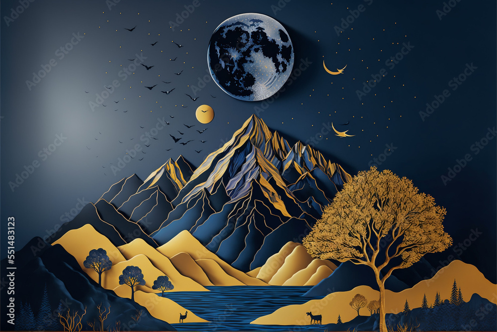 3d modern art mural wallpaper with dark blue color, 3D rendering Stock