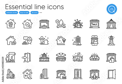 Skyscraper buildings, Sports arena and Buildings line icons. Collection of Market sale, Market, Lighthouse icons. Open door, Door, Marketplace web elements. Sleep, Build, Arena. Entrance. Vector