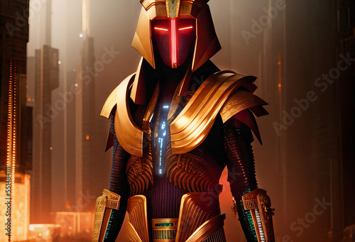 futuristic alien robot warrior in egyptian gold blue armor with helmet covering face with neon red glowing eyes staying on blury futuristic city background