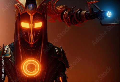 futuristic alien robot warrior in egyptian gold blue armor with helmet covering face with neon orange glowing eyes and energy circle charging blue energy weapon from helmet photo