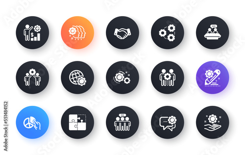 Employees benefits icons. Business strategy, handshake and people collaboration. Teamwork, social responsibility, people relationship icons. Classic set. Circle web buttons. Vector