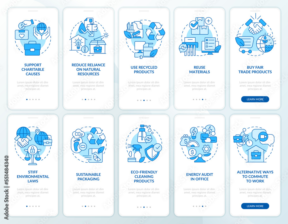 Ecological business blue onboarding mobile app screen set. Walkthrough 5 steps editable graphic instructions with linear concepts. UI, UX, GUI template. Myriad Pro-Bold, Regular fonts used