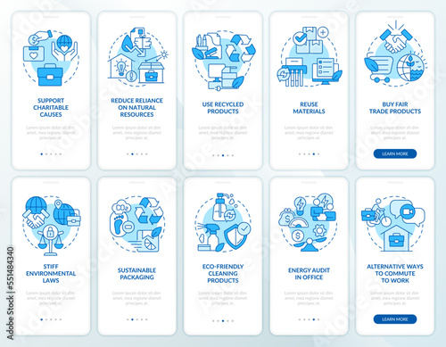 Ecological business blue onboarding mobile app screen set. Walkthrough 5 steps editable graphic instructions with linear concepts. UI, UX, GUI template. Myriad Pro-Bold, Regular fonts used