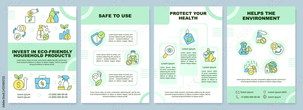 Invest in eco household products green brochure template. Leaflet design with linear icons. Editable 4 vector layouts for presentation, annual reports. Arial-Black, Myriad Pro-Regular fonts used