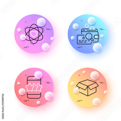 Open box, Inspect and Atom minimal line icons. 3d spheres or balls buttons. Star icons. For web, application, printing. Delivery package, Money budget, Electron. Phone feedback. Vector