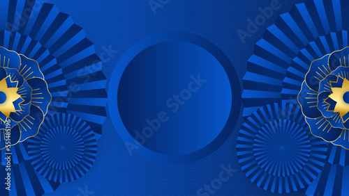 Traditional Asian abstract background with wavy lines, gold and blue. Hand drawn vector illustration. Oriental style design. Concept for Mid Autumn Festival, Chinese New Year card, poster, banner.