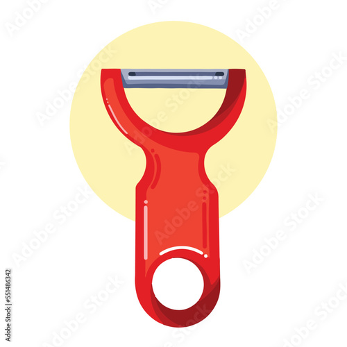 Red vegetable and fruit skin peeler vector illustration isolated for ingredients like potato, carrot, apple, and others. Pictogram drawing with cartoon flat art style isolated on white and yellow.