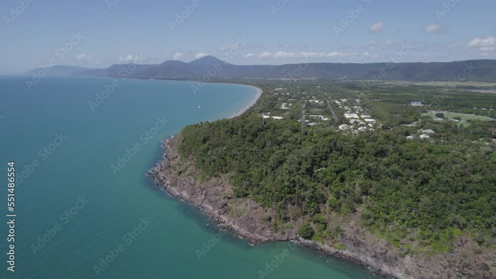 Panoramic View Of Four Mile Beach With Calm Turquoise Ocean In Port Douglas, Queensland, Australia - drone shot Panoramic View Of Four Mile Beach With Calm Turquoise Ocean In Port Douglas, Queensland, Australia - drone shot