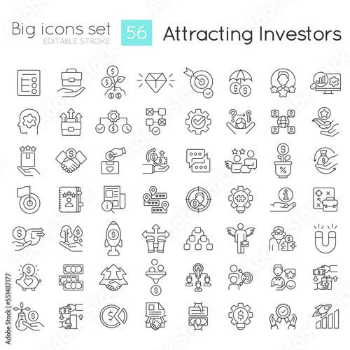 Attracting investors linear icons set. Startup strategy. Business development. Customizable thin line symbols. Isolated vector outline illustrations. Editable stroke. Quicksand-Light font used