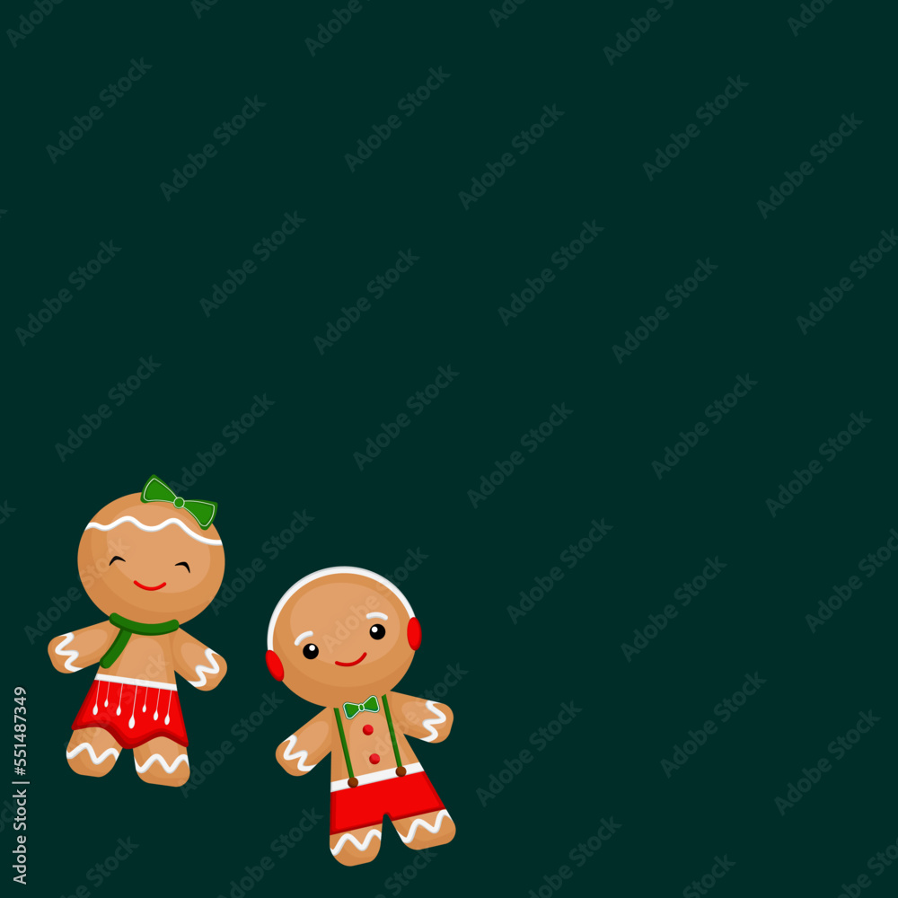 Fototapeta premium Christmas banner. Green background of gingerbread man Xmas design. Horizontal new year poster, greeting card, and headers for the website.