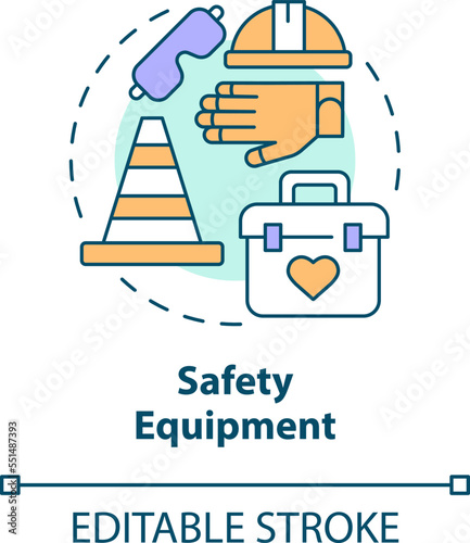 Safety equipment concept icon. Employee protection. Preventing workplace injuries tip abstract idea thin line illustration. Isolated outline drawing. Editable stroke. Arial, Myriad Pro-Bold fonts used