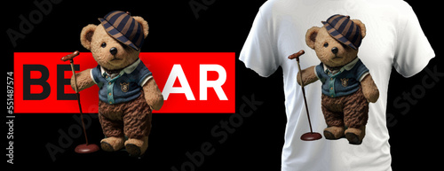 A bear in a black cap plays polo isolated on a white background. Design for t-shirt.  Vector illustration