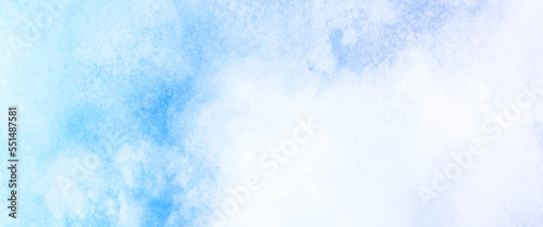 Blue sky background with white clouds. panorama, Blue acrylic and watercolor textures on white paper background, blue and white watercolor paint splash or blotch background with fringe bleed wash. © Grave passenger