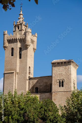 crenellated tower, Church of El Salvador, Romanesque from the 13th century, Ejea de los Caballeros, Cinco Villas, Aragon, Spain photo