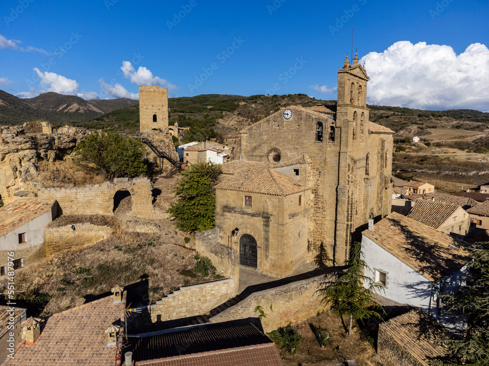 castle and church of San Salvador, Luesia medieval village, Cinco Villas, Aragon, Spain