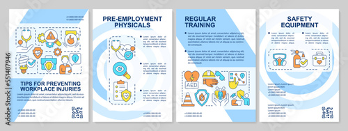 Tips for minimizing occupational injuries blue brochure template. Leaflet design with linear icons. Editable 4 vector layouts for presentation, annual reports. Arial, Myriad Pro-Regular fonts used