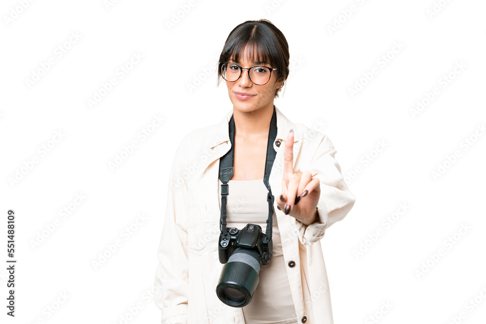 Young photographer caucasian woman over isolated chroma key background showing and lifting a finger Young photographer caucasian woman over isolated chroma key background showing and lifting a finger