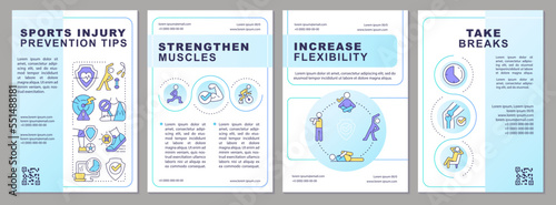 Sports injury avoiding tips brochure template. Reduce athlete risks. Leaflet design with linear icons. Editable 4 vector layouts for presentation, annual reports. Arial, Myriad Pro-Regular fonts used