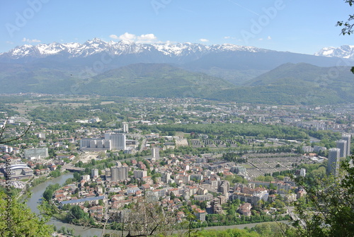 View of the city Grenoble in France with mountains in the background on a nice sunny day 