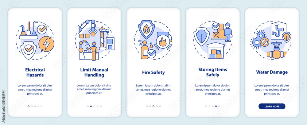 Ways to prevent common accidents onboarding mobile app screen. Walkthrough 5 steps editable graphic instructions with linear concepts. UI, UX, GUI template. Myriad Pro-Bold, Regular fonts used