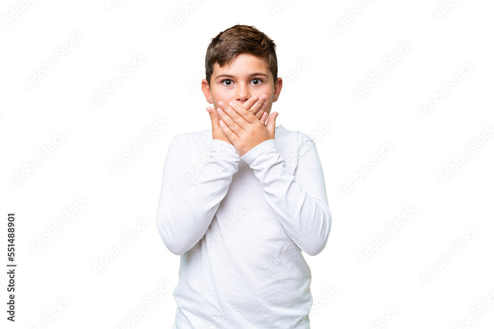 Little caucasian kid over isolated chroma key background covering mouth with hands Little caucasian kid over isolated chroma key background covering mouth with hands