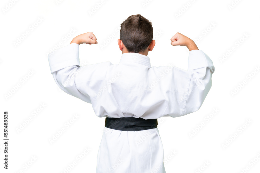 Little caucasian kid over isolated chroma key background doing karate in back position Little caucasian kid over isolated chroma key background doing karate in back position