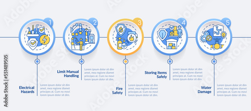 Ways to prevent employee injuries at work circle infographic template. Data visualization with 5 steps. Editable timeline info chart. Workflow layout with line icons. Lato-Bold, Regular fonts used