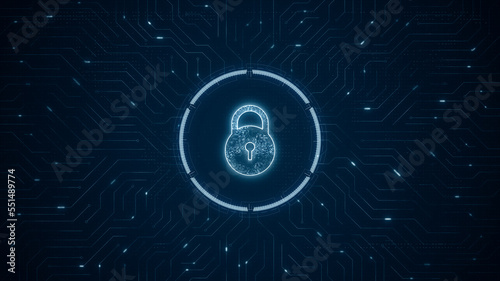 Blue digital security key logo and futuristic technology circle HUD with circuit board and data transfer on abstract background network secure concept