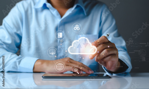 Businessman using cloud technology connect business data. Cloud computing diagram show on hand. Internet Cloud technology. Digital Data storage. Networking and internet service for business concept.